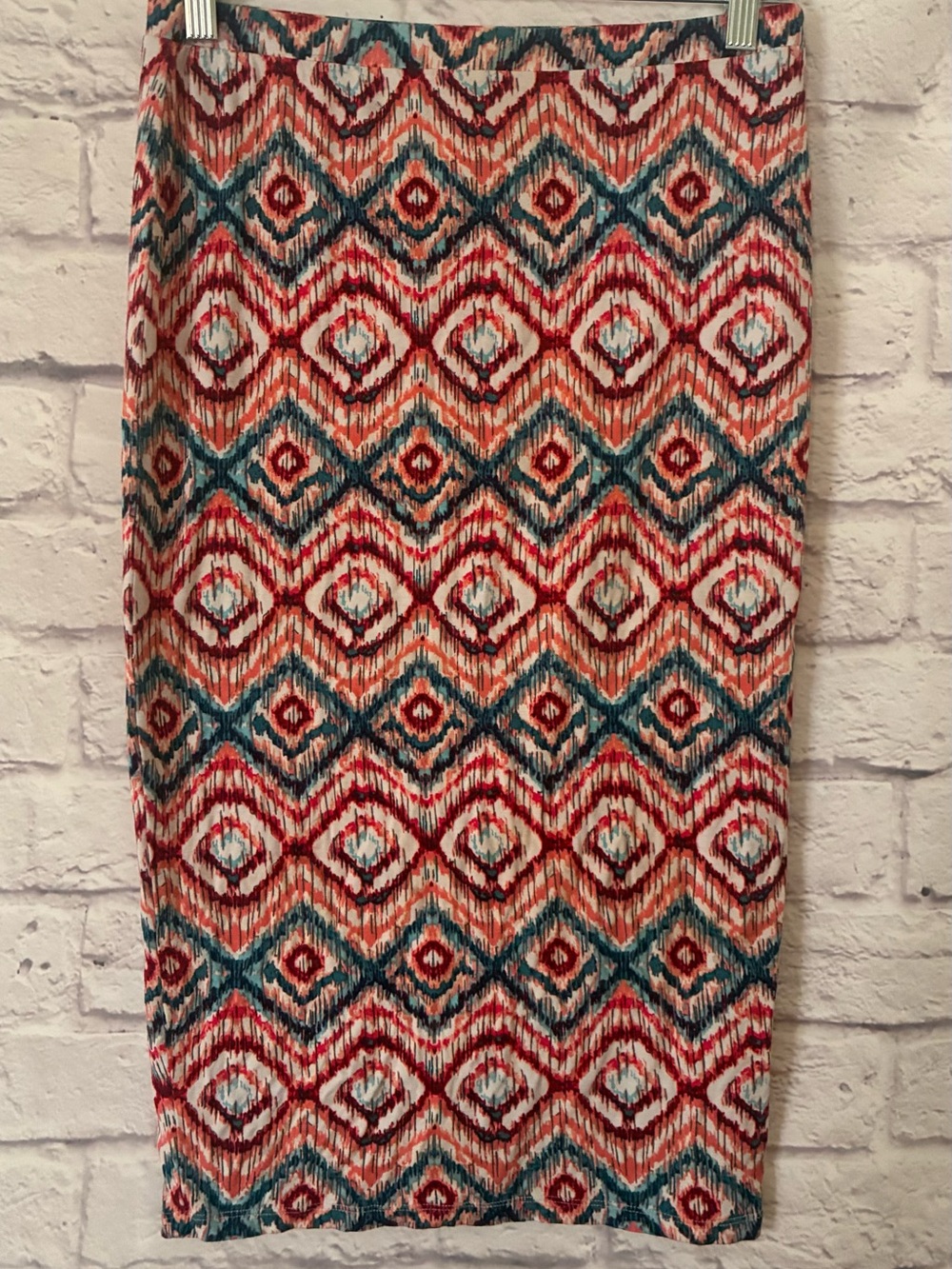 matty B. Patterned Midi Pencil Skirt in Red, Teal & Cream Size Small